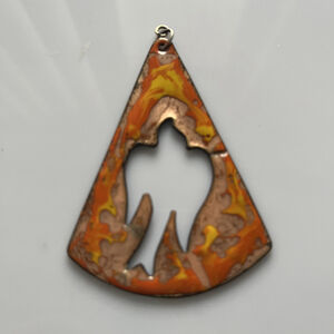 Vintage Artisan Ascending Retro Dove Orange Enamel On Copper Pendant